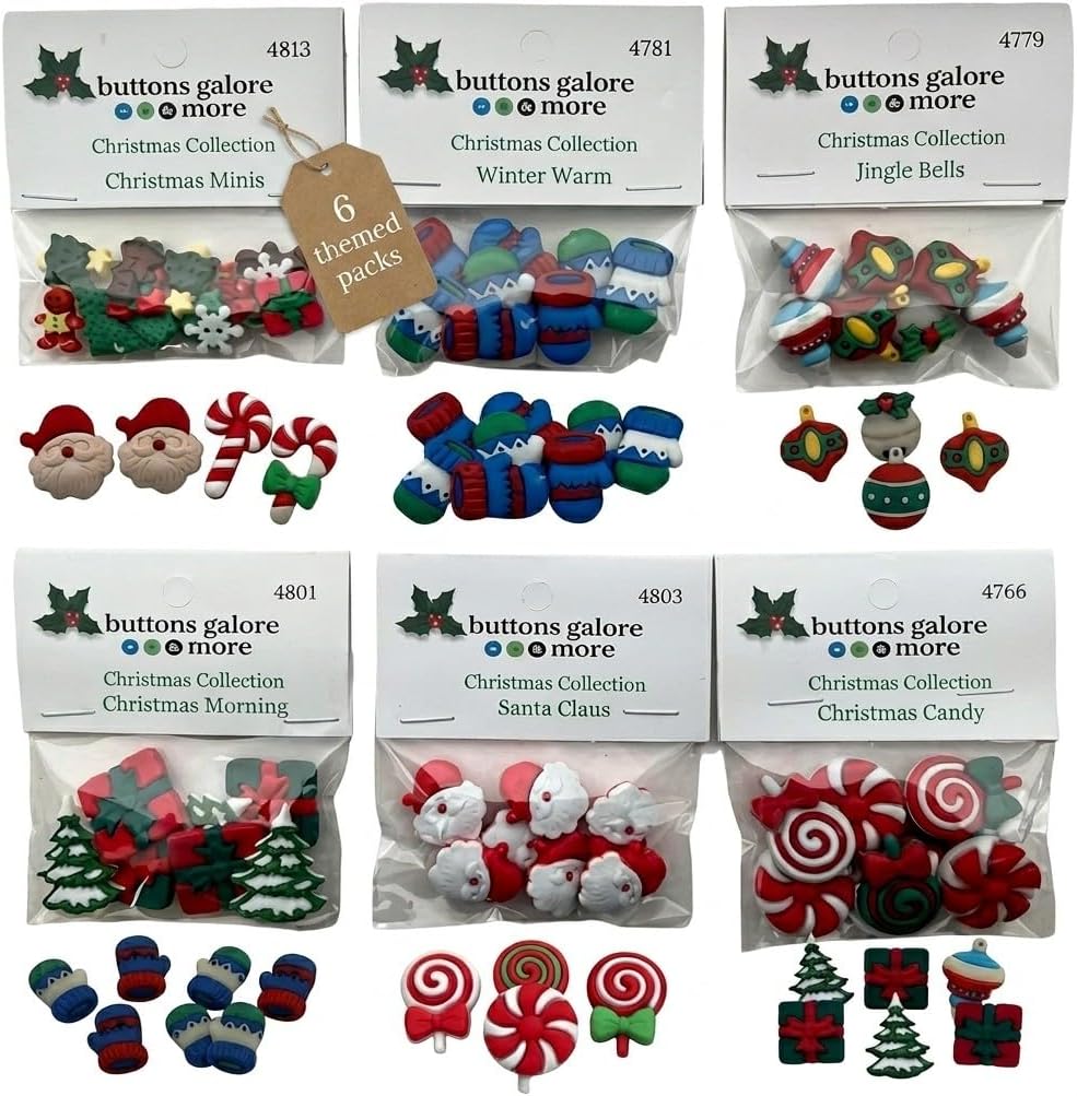 Buttons Galore 50+ Assorted Christmas Buttons for Sewing & Crafts - Set of 6 Button Packs