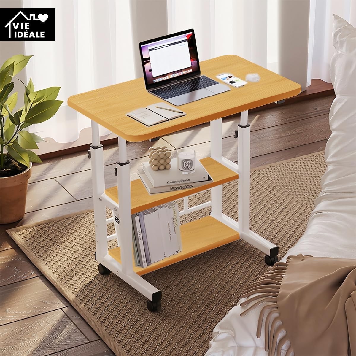 Mesa portátil para sofá e cama, mesa lateral para laptop com altura ajustável (Nogueira)