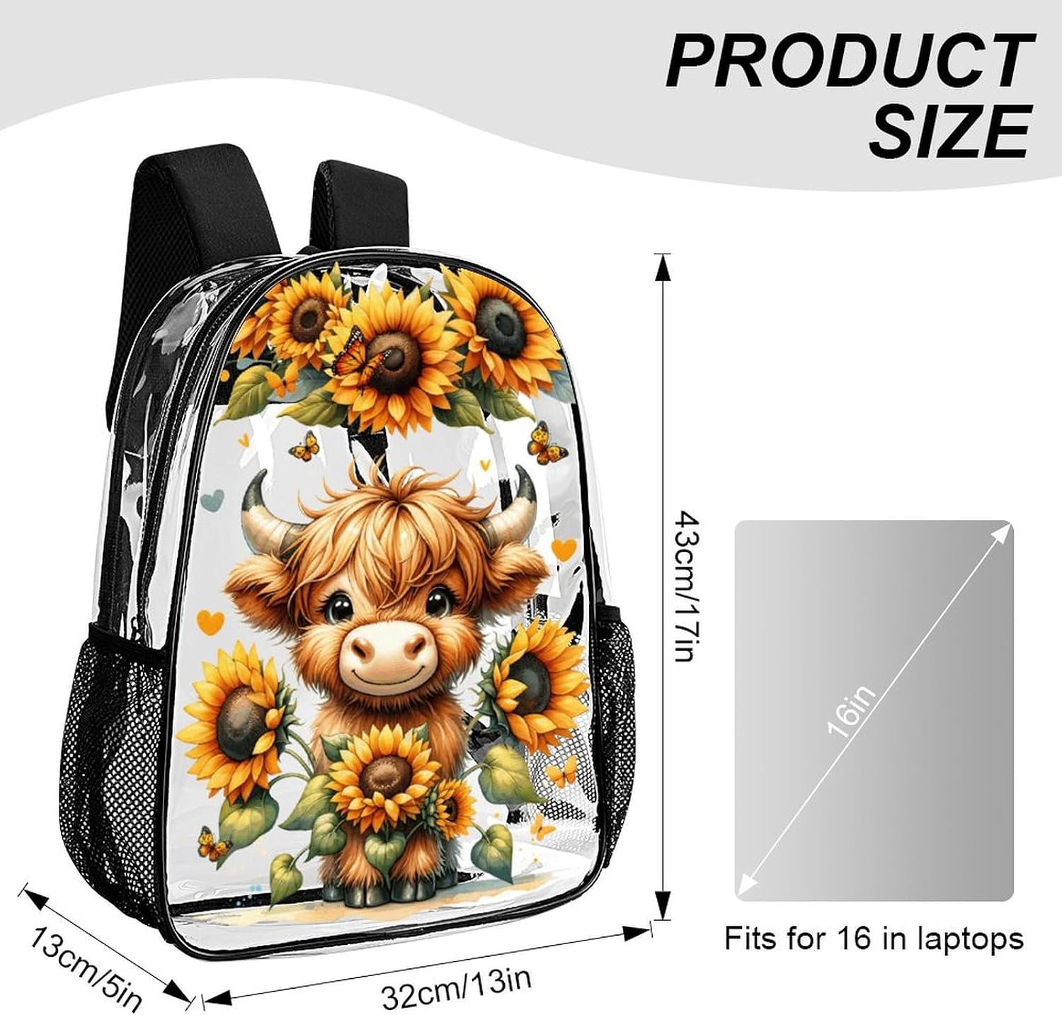 Highland Cow Clear Backpack Heavy Duty for Girls Kids Boys Women Men - Large Cute PVC Highland Cows Theme Printing Transparent Backpacks for Schools Stadium Concerts Work - Clear/Black
