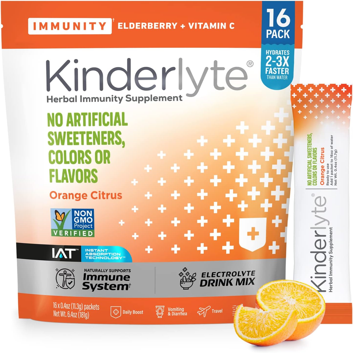 Kinderlyte Immunity Supplement for Kids and Adults, Electrolyte Powder Hydration Packets with Vitamin C, Zinc & Turmeric (Orange Citrus, 16 Count) No Artificial Sweeteners, No Synthetic Dyes
