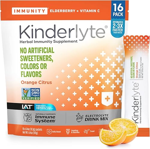 Kinderlyte Suplemento inmunitario para niños y adultos, paquetes de hidratación en polvo de electrolitos con vitamina C, zinc y cúrcuma