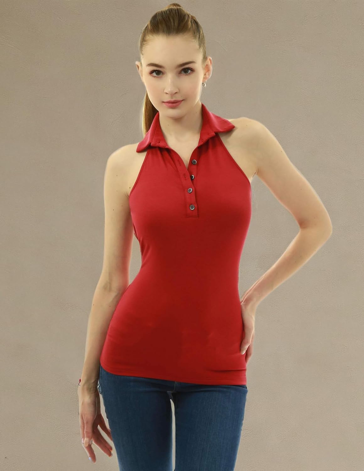 AmélieBoutik Women Halter Collared Henley Button Sleeveless Blouse Top - Image 7