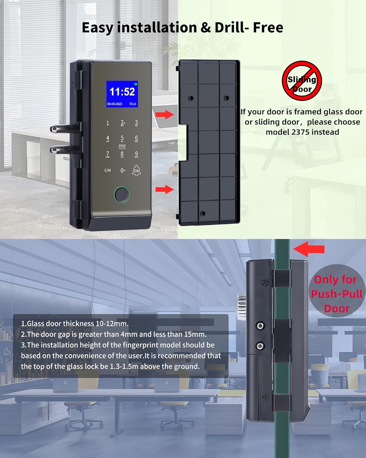 Keyless Entry Glass Door Knobs,Drill-Free Smart Lock Deadbolt,Perfiware 4in1 Biometric Fingerprint Glass Door Locks,Great for Home,Cabinet,Apartment,Hotel,Office,Store, Medium, Black