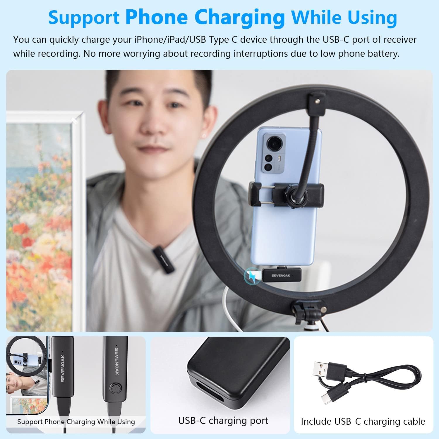 Sevenoak Wireless Lavalier Microphone,USB-C Wireless Clip Mic for Android/Type-C Smartphone Mini Bluetooth Mic for Podcast Facebook YouTube Vlogging Video Recording (SKM-W10-U2)