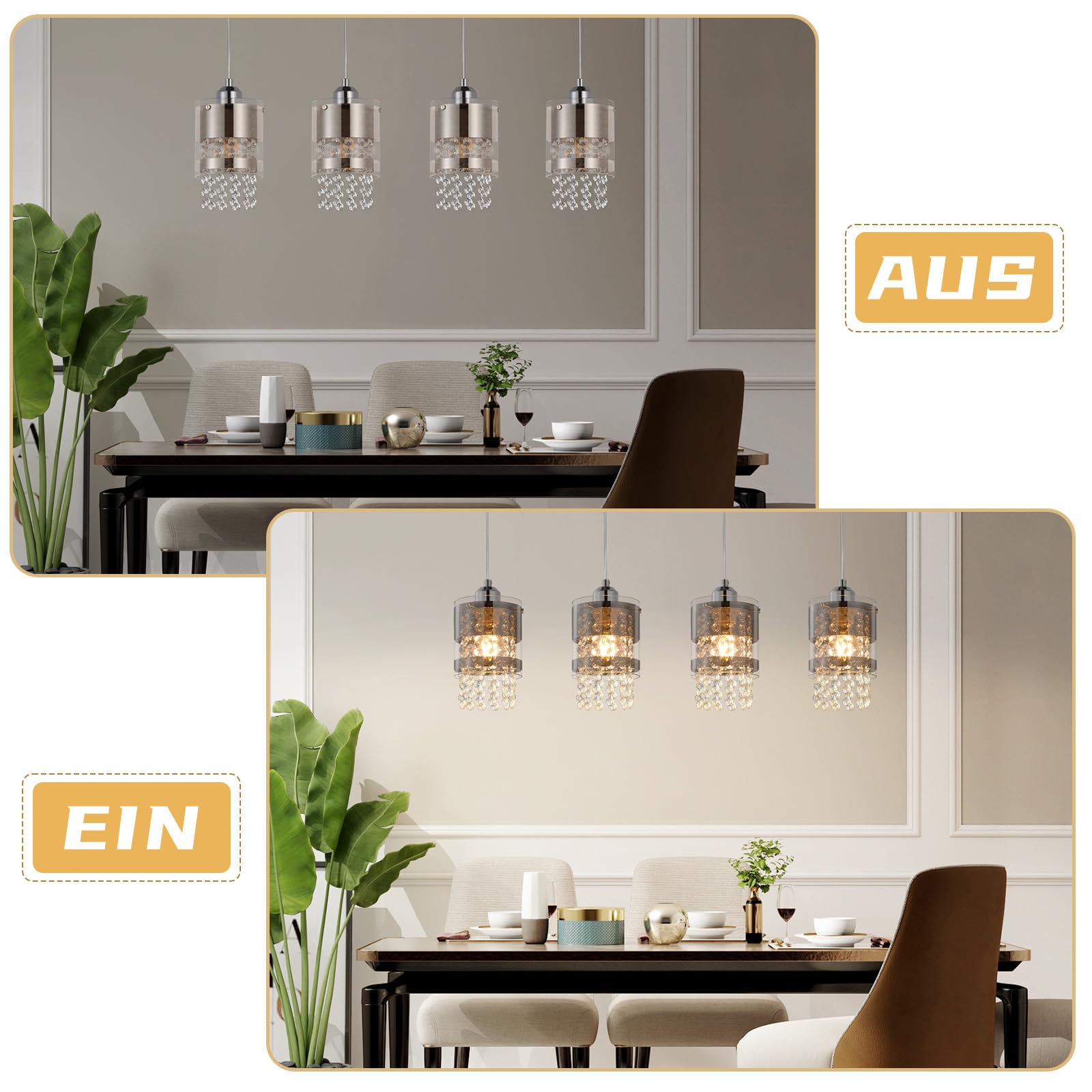 ZMH Pendelleuchte Esstisch Modern Hängelampe Glas Hängeleuchte Esszimmer 4 | Flammig Esstischlampe Hängend 150CM Höhenverstellbar Kristall E27 Pendellampe für Küche Wohnzimmer Ohne Leuchtmittel