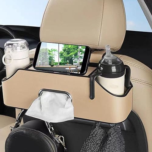 Miniatura 3 de Organizador de asiento trasero de automóvil con 2 portavasos para bebidas, caja de pañuelos, gancho de almacenamiento y soportes para teléfono