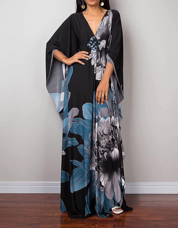 Cover up for Women Plus size Fashion Vneck Coveup Tie Dye Kaftan Long dresses Batwing Sleeve Casual Loungewear Maxi Dress Grey Flower Kaftans Batwing Sleeve Caftans oversized(ON-8693-16-grey Flower) by Onhaway - Image 5