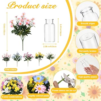 Fake Daisy Flowers with Vase, Spring Table Centerpiece Home Decorations, 5 Bundles 12.6 Inch Colorful Faux Silk Daisy Bouquets Artificial Wildflowers for Floral Arrangement