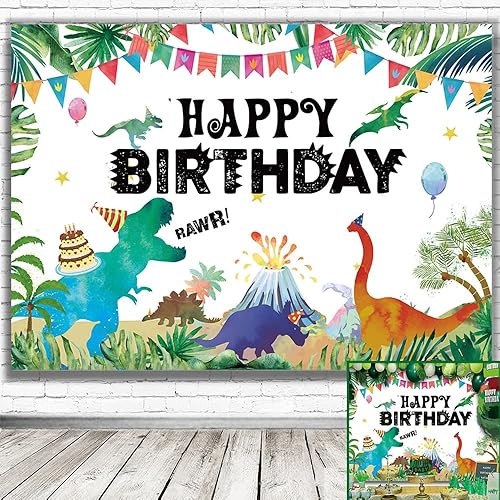 Miniatura 4 de Divertido telón de fondo de cumpleaños de dinosaurio de 6 x 3.5 pies, decoración de cumpleaños de dinosaurio en acuarela, suministros de fiesta de