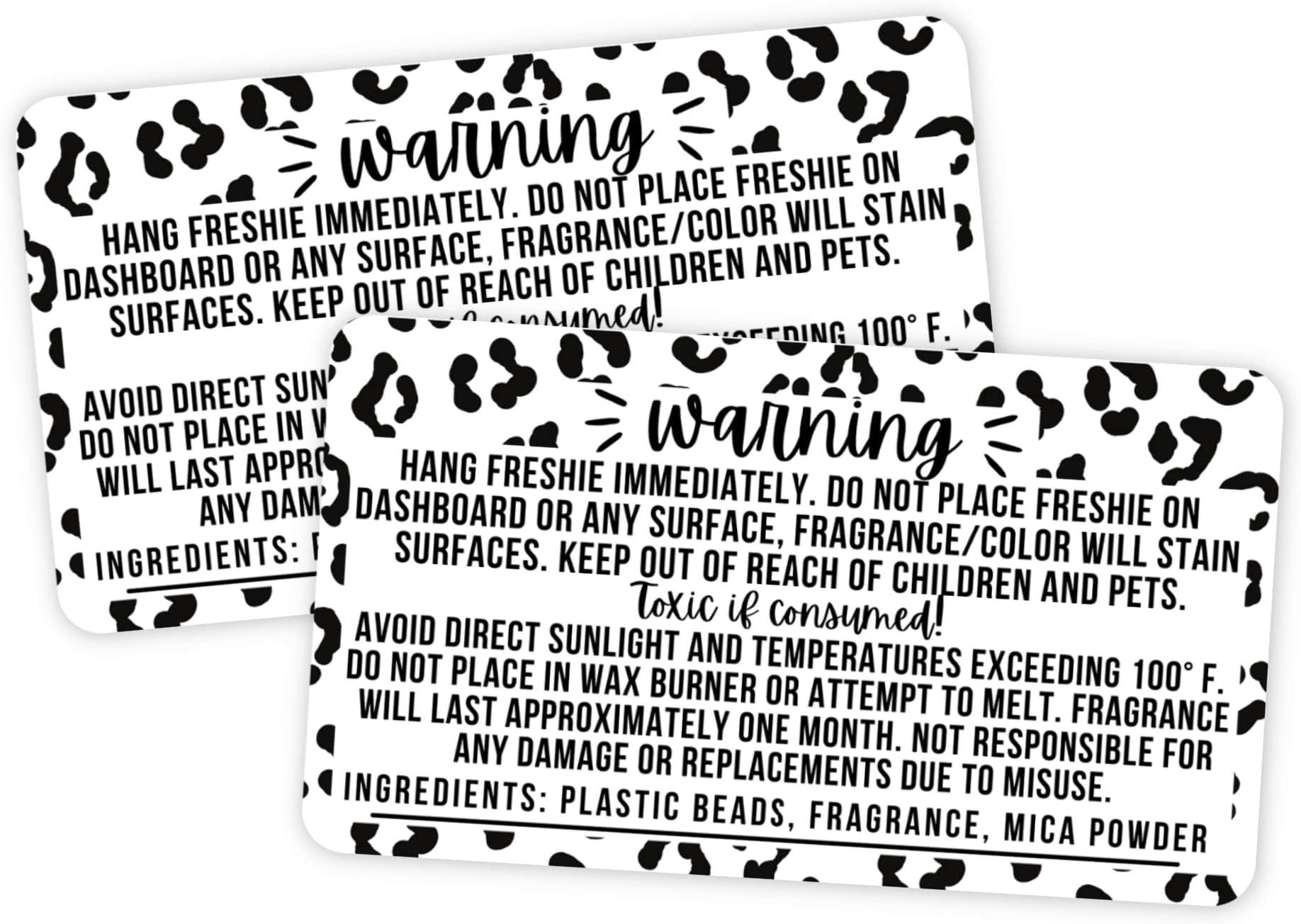 Freshie Warning Label Stickers | 350 Pack | Sticker Size 5.5cm L x 3.2cm W | Freshies Supplies | Leopard Background Design