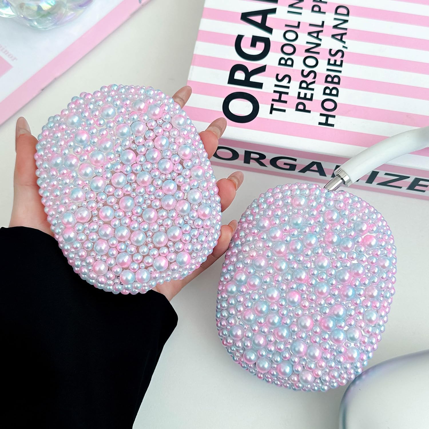 Glitter Pearls Case Cover for AirPods Max Headphones with Cleaner Pen Girls, Soft Handmade Beads TPU Ear Cups/Ear Pad/Headband Cover Silicone Protector for Apple Air Pod Max Accessories, Gradient Pink - Image 2