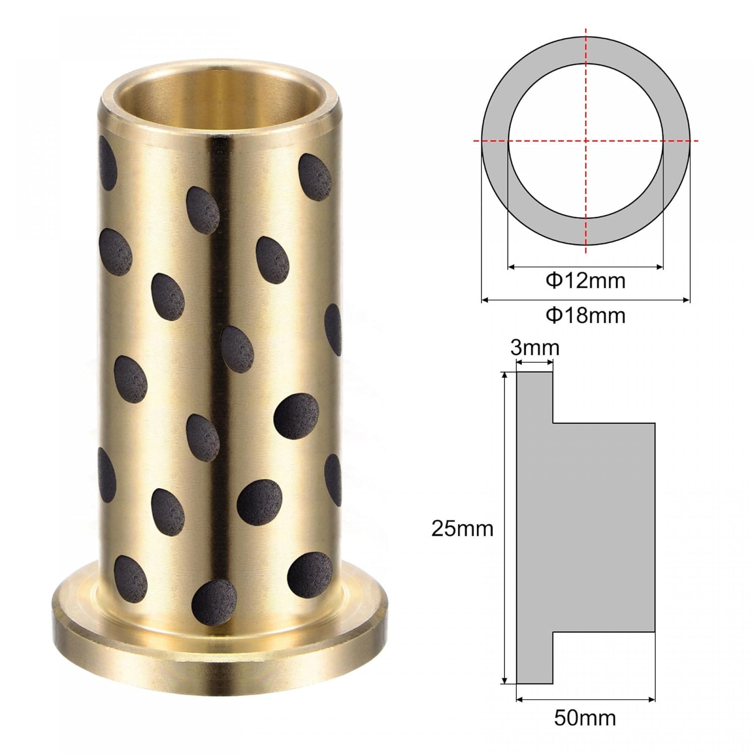uxcell Flanged Sleeve Bearings 12mm Bore 18mm OD 50mm Length 25mm Flanged Dia 3mm Flange Thickness Wrapped Oilless Bushings Brass 2pcs