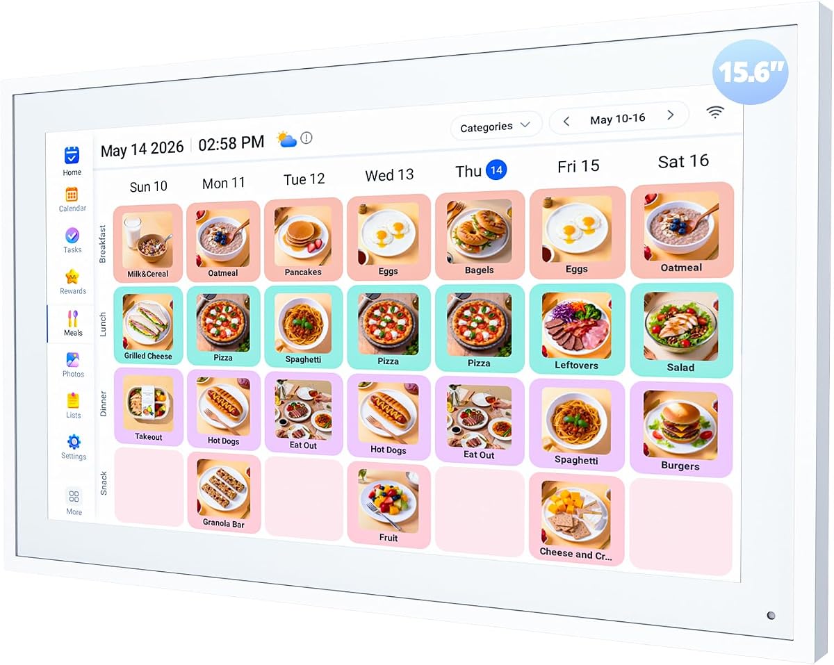 Calendario digital de 15,6 pulgadas Calendario electrónico para tabla de tareas – Pantalla táctil interactiva inteligente, planificador de comidas, sincronización automática en línea iCloud Outlook, marco de fotos digital, regalos para montar en la pared para mamá papá