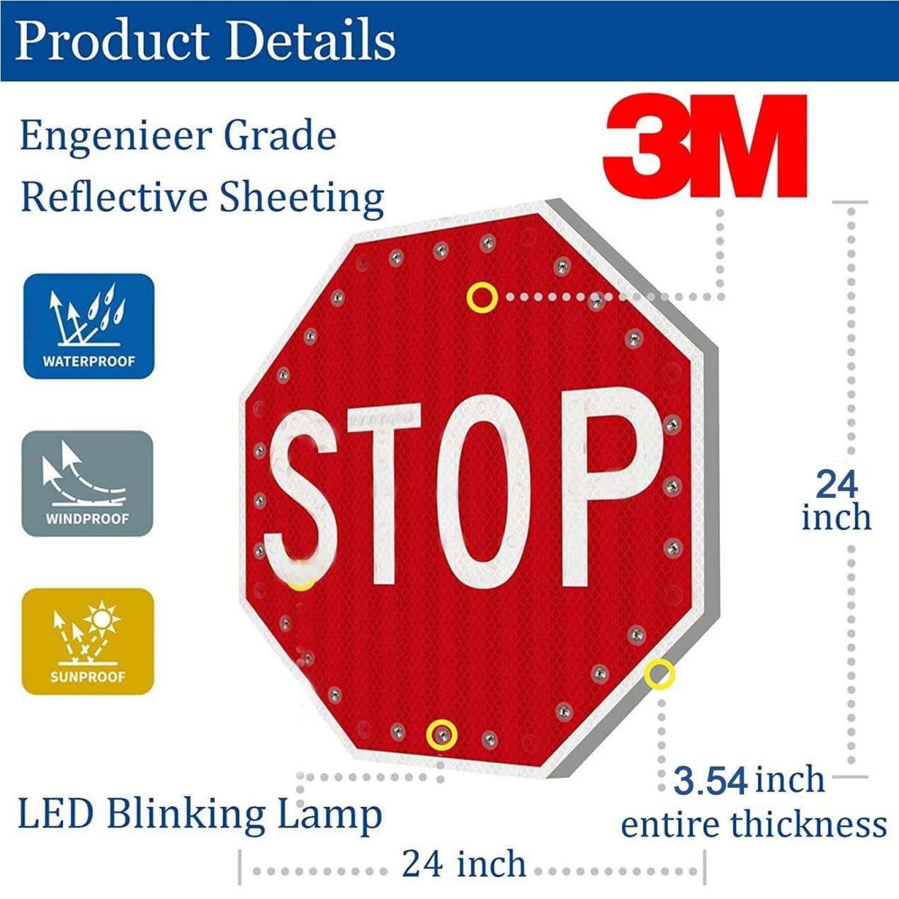 Señal de parada solar, octágono de aluminio, LED intermitente, funciona con energía solar, marco de metal inoxidable, IP65 impermeable