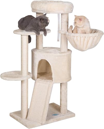 Hey-brother Árbol para gatos con tabla de rascar, torre para gatos con perca acolchada de felpa y canasta acogedora, multiplataforma para salto,