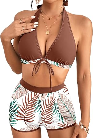 Herseas Womens Bikini Sets 2 Piece Tropical Print Swimsuit Halter Top & Boy Short Bathing Suit