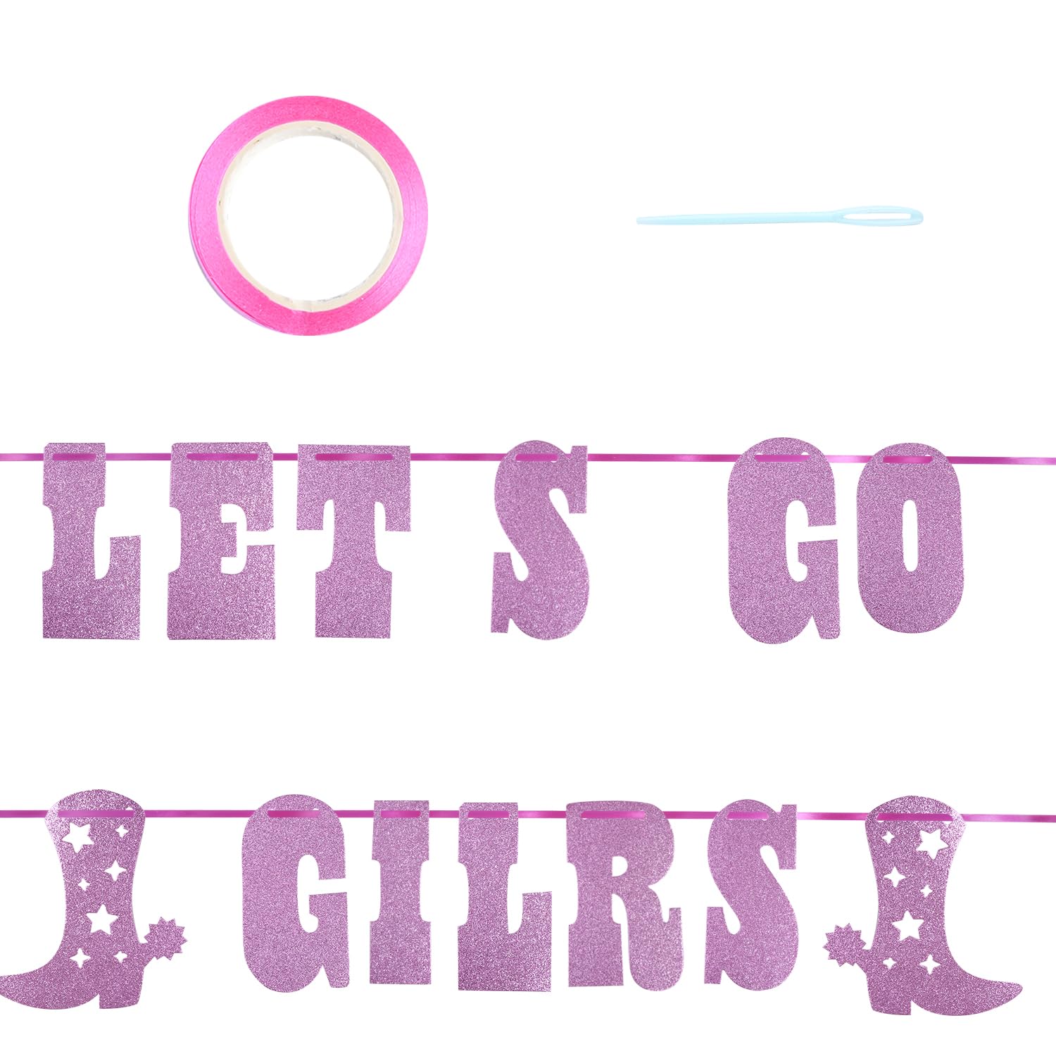 Bojueshaw Let's Go Girls Banner,Glitter Banner,Bachelorette Party Decorations,Cowboy Hat Hanging for Western Party Last Rodeo Hen Party（Pink）