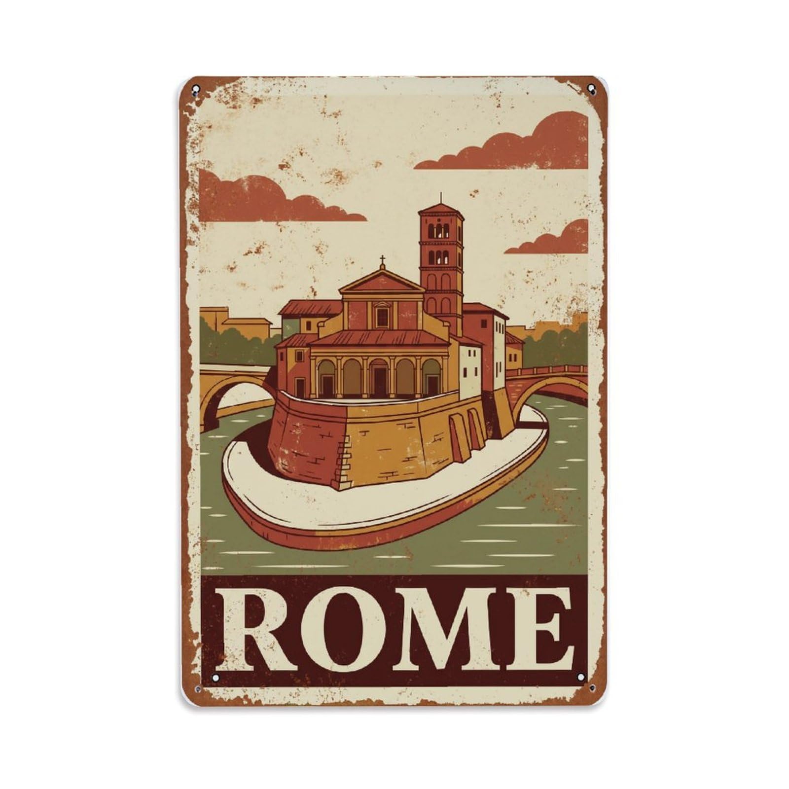 Vintage Travel Rome Basilica San Bartolomeo Tiber Island Church Rusted Italy Metal Tin Sign Plaque Wall Decor for Cafe, Club Bar, Office, Home Garden Metal Poster 8x12Inch