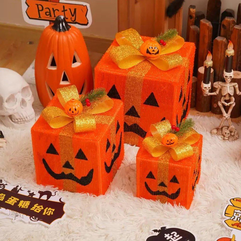 Confezione 3 Decorazioni Luminose a Forma di Zucca di Halloween, Scatola Regalo -o-Lantern con LED, Decorazioni di Halloween, per Casa, Il Giardino E Le Feste.