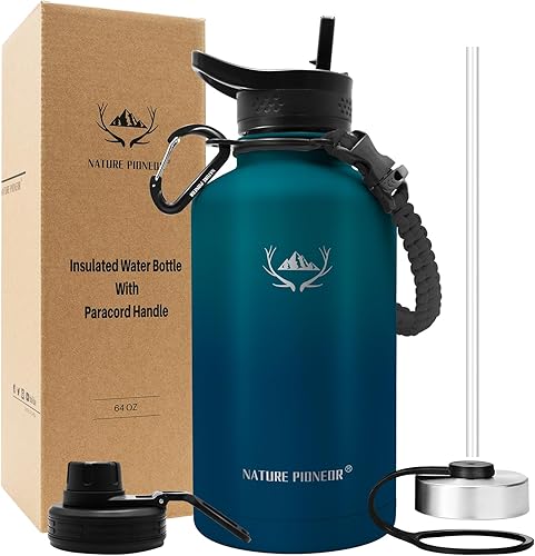 Miniatura 10 de NATURE PIONEOR Botellas de agua aisladas con mango de paracaídas, 24324064 onzas, botella de agua deportiva de boca ancha con 3 tapas, de acero