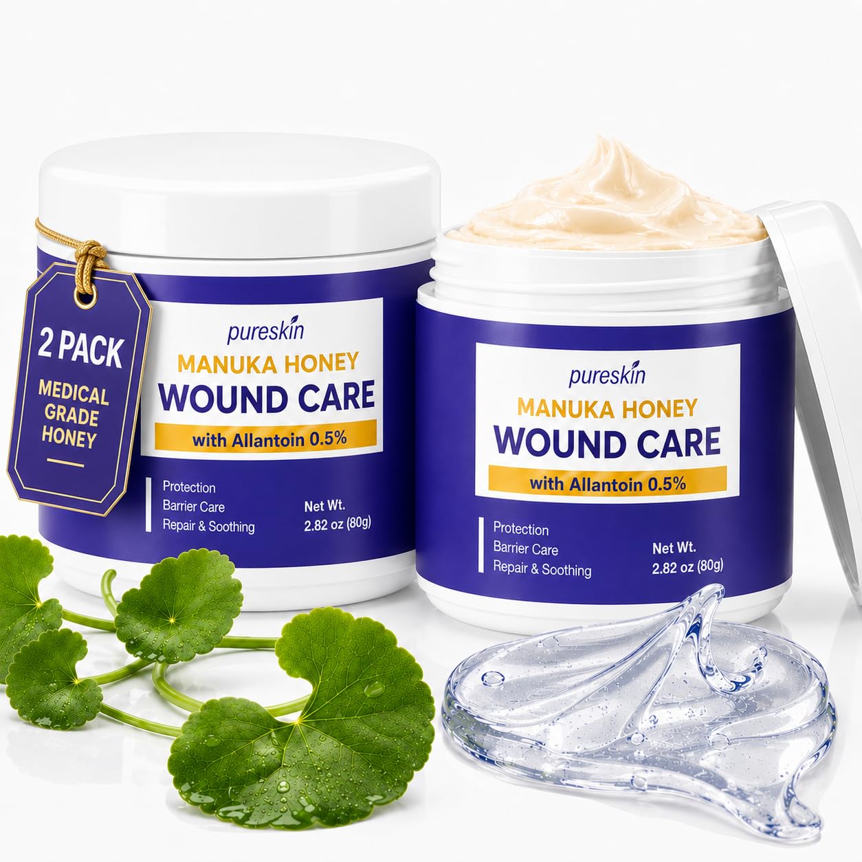 PURESKIN Manuka Honey Wound Care 2 Pack: Manuka Honey Wound Gel for Cuts, Scrapes &amp; Burns with Allantoin 0.5% &amp; Tallow - Natural-Inspired Moisturizing Formula - 2.82 oz Each