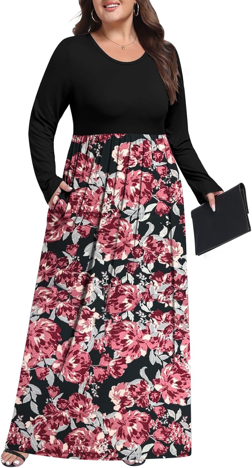 Womens Plus Size Maxi Dresses for Curvy Women Long Sleeve Long Dresses with Pockets 1X-5X - Image 2