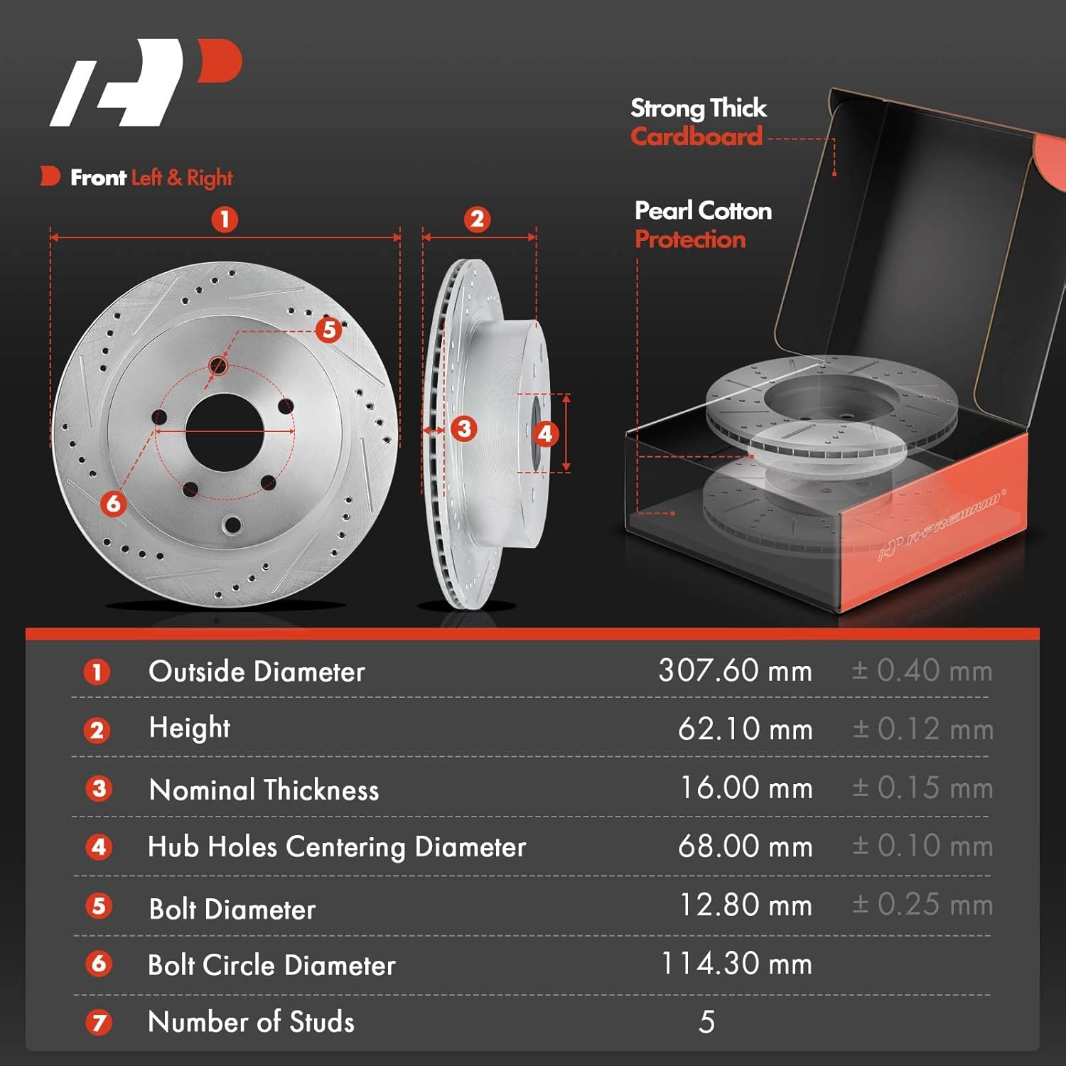 A-Premium 12.13 inch (308.10mm) Rear Drilled and Slotted Disc Brake Rotors + Ceramic Pads Kit Compatible with Select Infiniti and Nissan Models - FX35, Q50, QX70, JX35, M35H, M37, M56, Q60, Murano