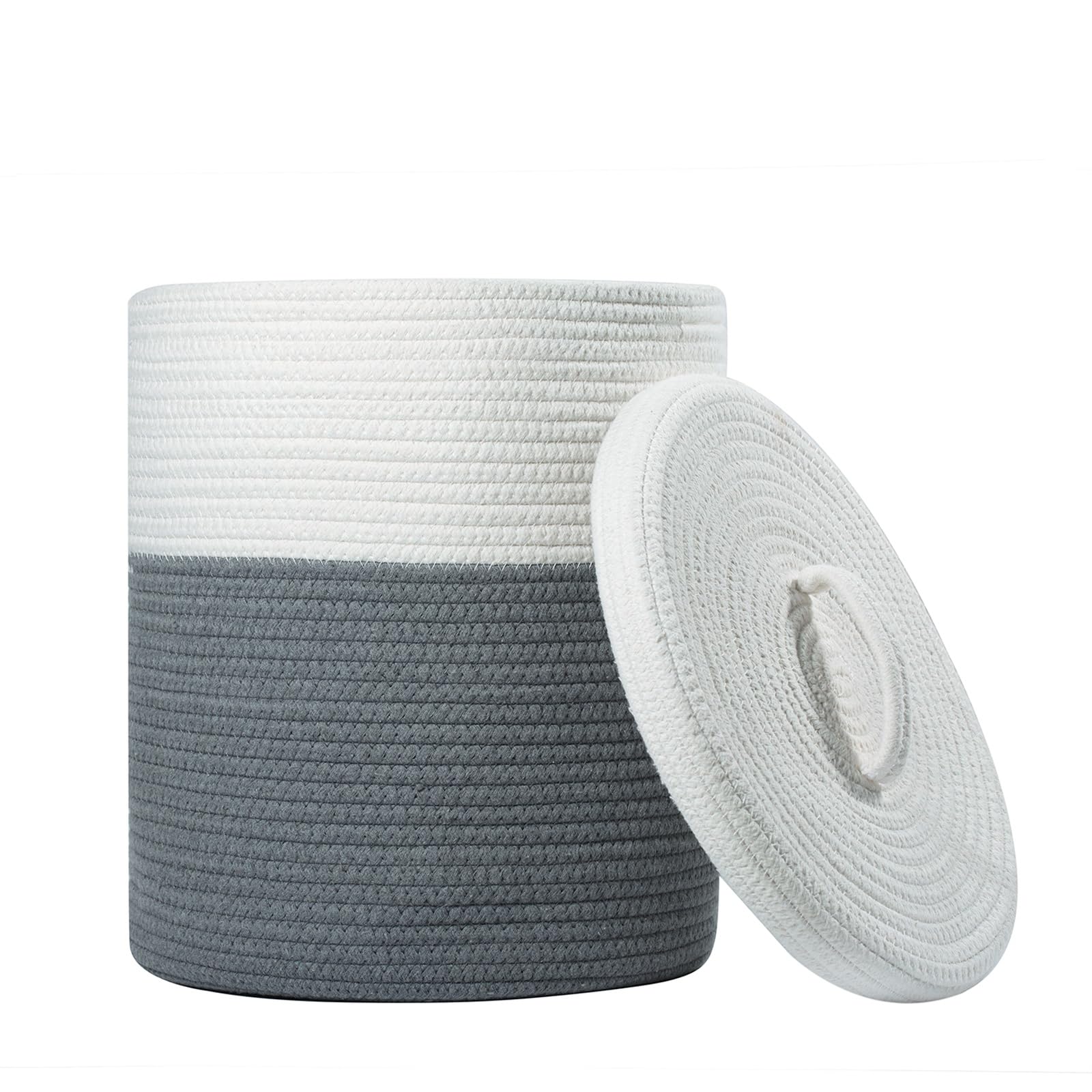 Yimi's Dream Storage Basket with Lid, Small Lidded Cotton Rope Storage Bins for Organizing, Cute Woven Round Covered Laundry Baskets (White & Grey, 12D x 13.5H Inches)