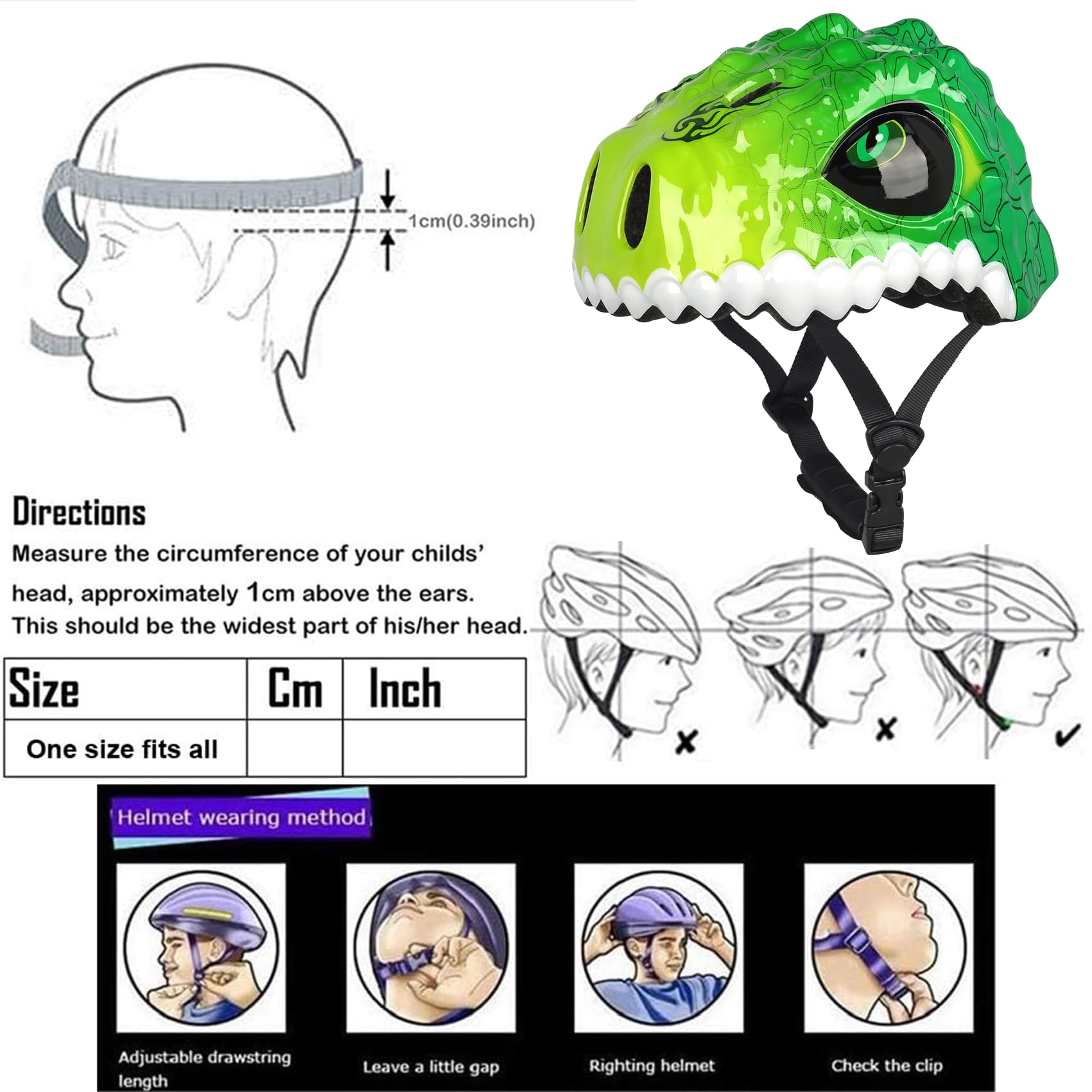 Kask rowerowy dla małych dzieci, kask dinozaura 3D, dla chłopców, dziewcząt, niemowląt, dzieci w wieku 1, 2, 3, 4, 5, 6, 7, 8 lat, lekki, regulowany, wielofunkcyjny, sportowy, hulajnoga, deskorolka