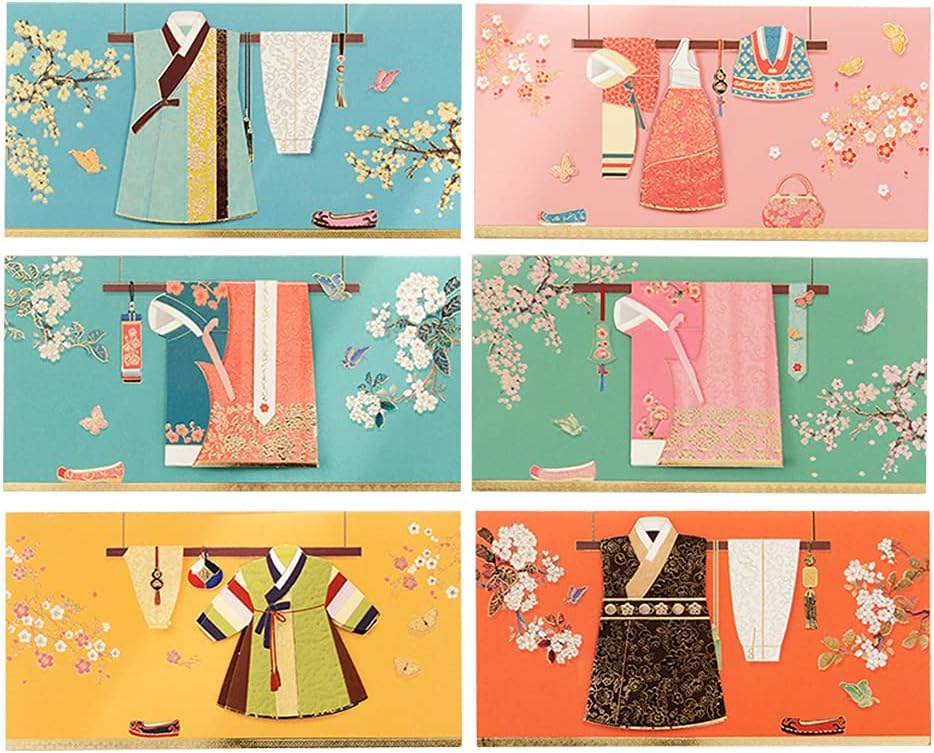 (Pack of 6) Korean Traditional Clothes - Hanbok envelope Money Gift Envelopes for New Year, Birthday, Wedding