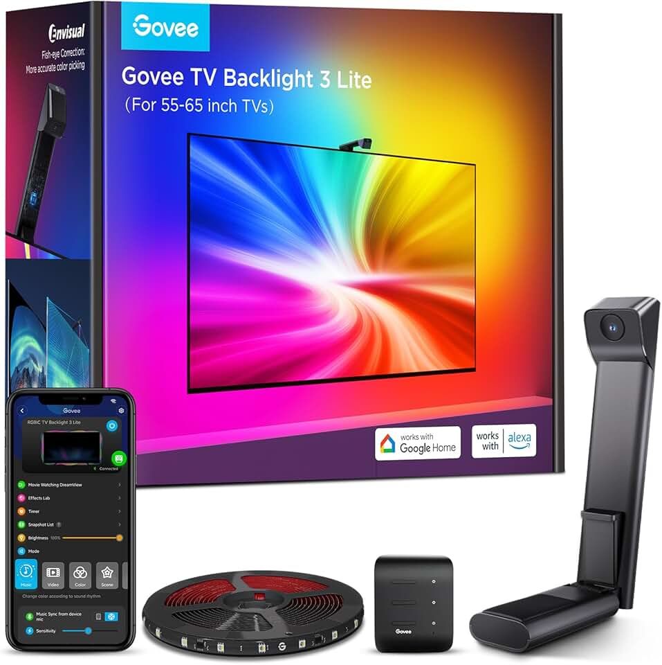 Govee TV Backlight 3 Lite, 11.8ft LED Strip Lights Sync with 55-65 Inch TVs | Upgraded Camera with Fish-Eye Correction Function, RGBICW Screen Sync Lighting, 4 Colors in 1 Lamp Bead, Voice &amp; APP Control ClimatePartner certified