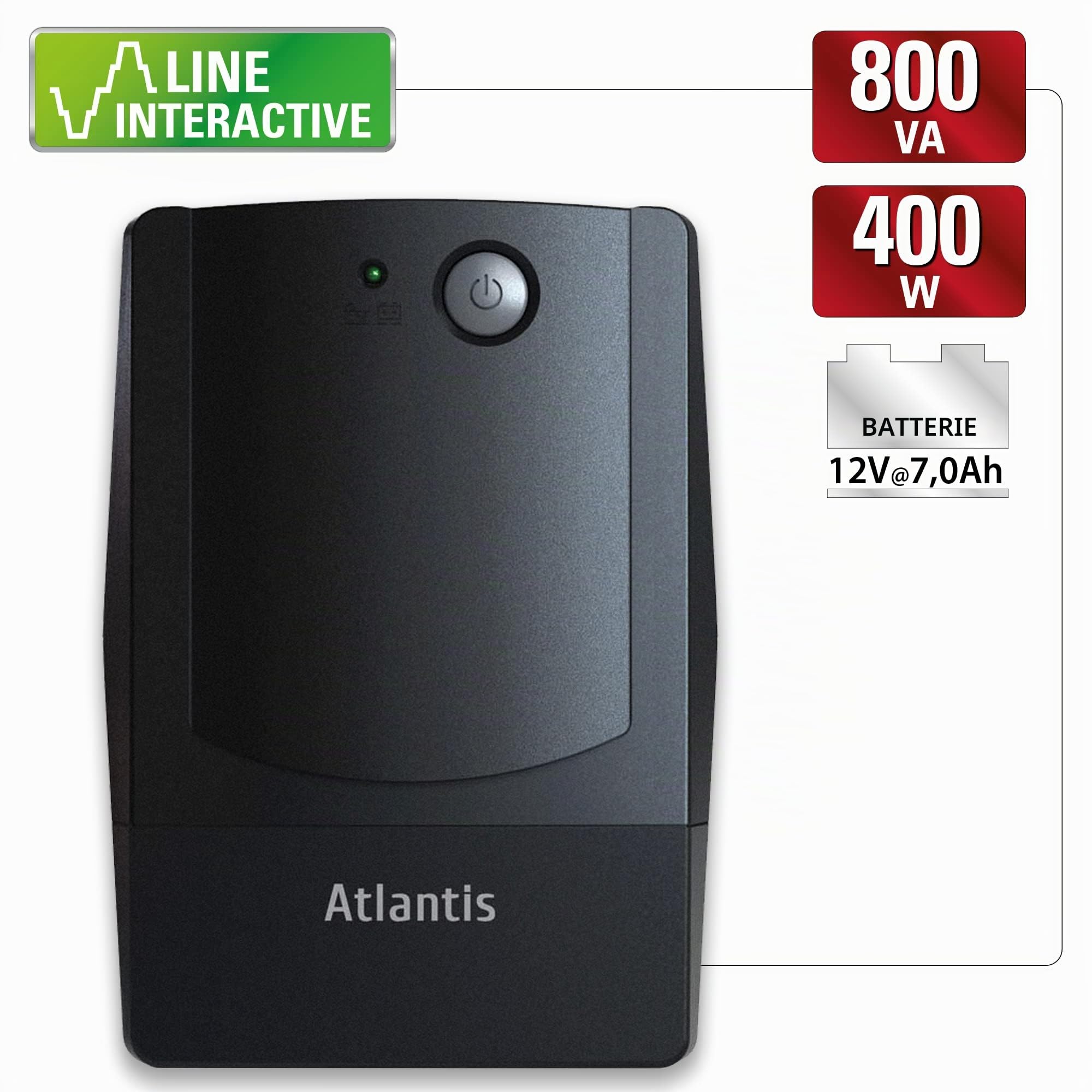 Atlantis onduleur UPS Line Interactive 800VA/400W Batt. 12V 7Ah | Stabilisateur de tension AVR à 3 étages, Onde pseudo-sinusoïdale, 4 prises IEC, réf. A03-PX800