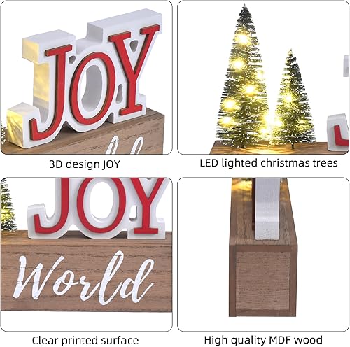 Miniatura 5 de Decoración de Navidad para el Hogar, JOY para El Mundo Letrero de Mesa de Navidad de Madera con Árboles LED, Estante Rústico, Chimenea, Decoración