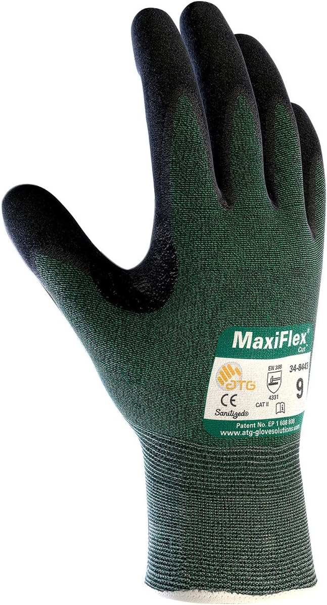 ATG 34-8443/XL Maxiflex Cut, Green Eng Yarn, Black Nitrile Dotted Microfoam Grip, A2 Green