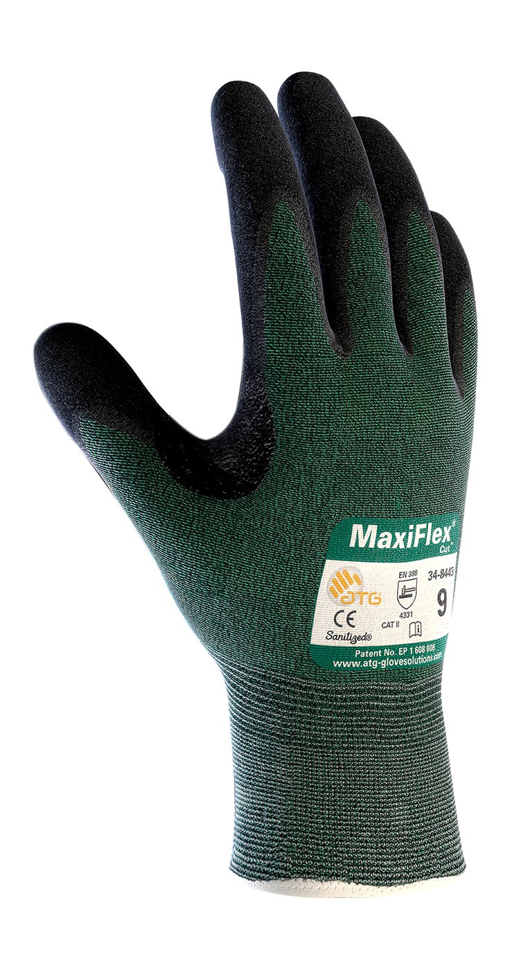 34-8443/XL Maxiflex Cut, Green Eng Yarn, Black Nitrile Dotted Microfoam Grip, A2 Green