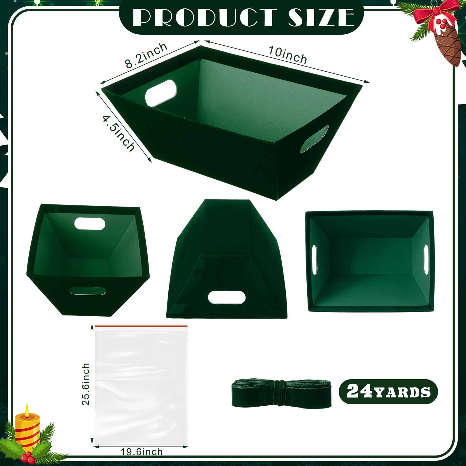 Kolldenn 24 cesti natalizi in velluto verde scuro per regali vuoti fai da te, 20,3 x 25,4 cm, kit con manici, 8 cesti di velluto, 8 sacchetti e 8 fiocchi da riempire per Natale, matrimoni, compleanni