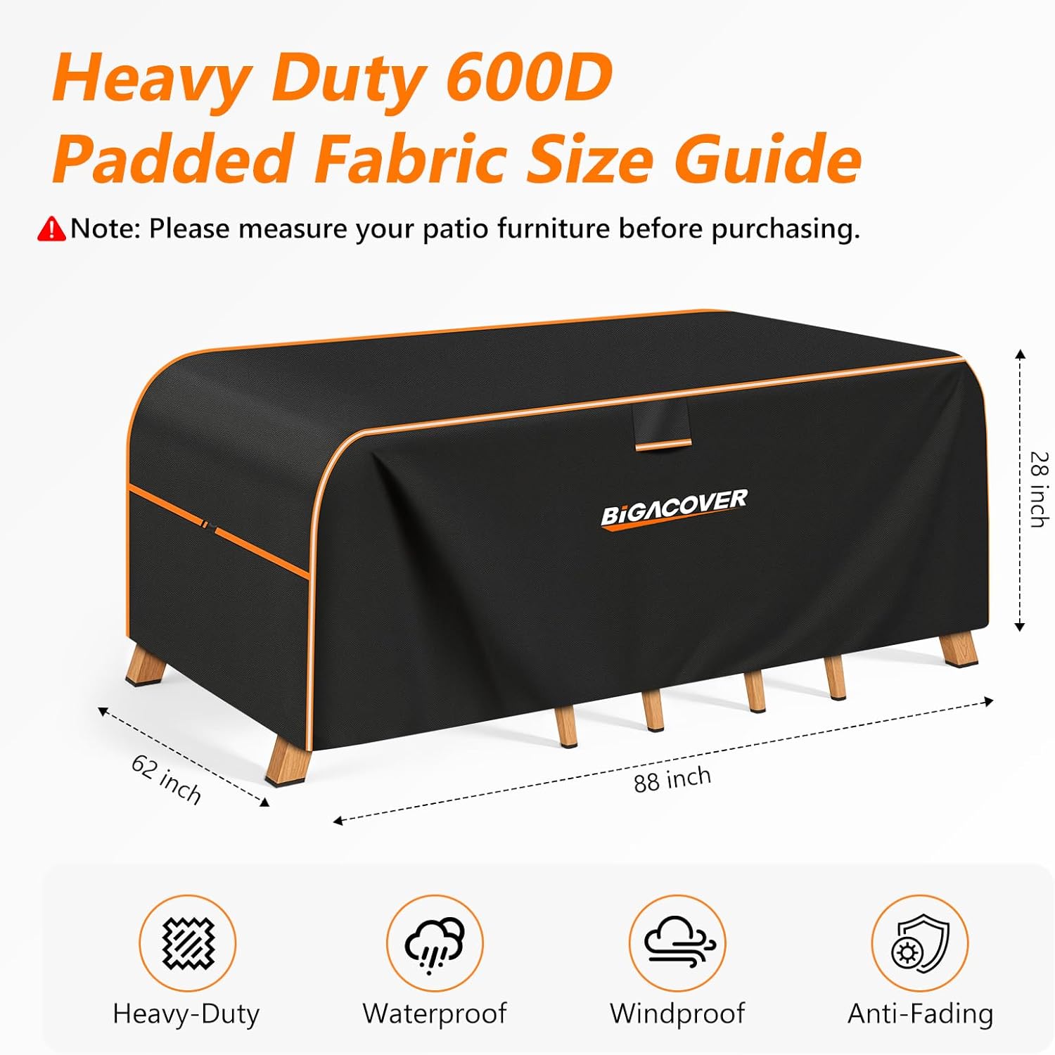 Rectangular Patio Furniture Cover – Heavy-Duty 600D Cotton Waterproof Outdoor Table and Chair Set Cover, UV-Resistant, Windproof with Reflective Strips and Air Vents (88" L x 62" W x 28" H)