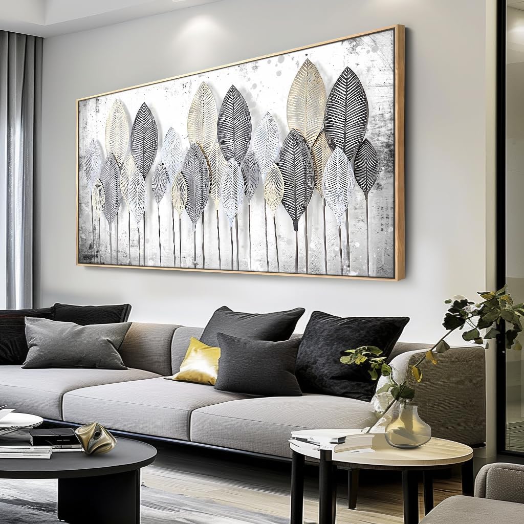 Modern Abstract Canvas Print Black White Leaves Natural Landscape Living Room Bedroom Office Decoration 48”×24" Framed
