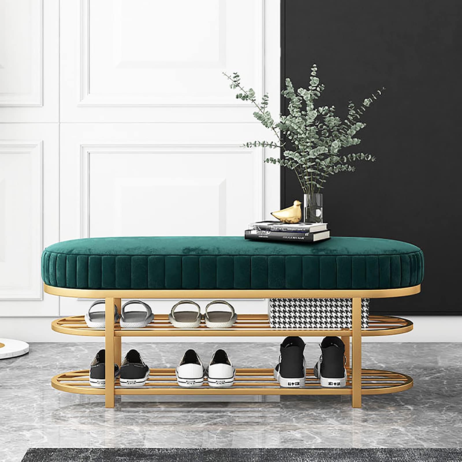 LWJSOCP Modern Velvet Upholstered Entryway Bench with 2Tier Shoe RackStylish Green Hallway Storage nizer for Home Porch and Entryway (31.5")