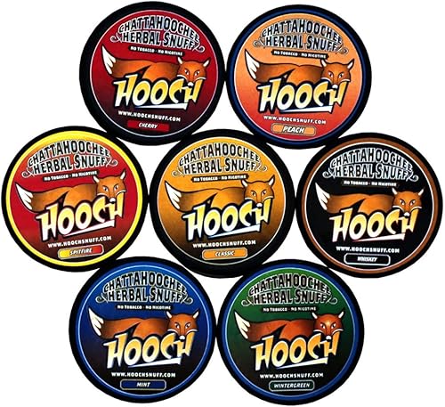 (7) Seven Chattahoochee Hooch Herbal Snuff Cans 1.2oz/34g - Muestreador de corte áspero - Sin tabaco, sin nicotina