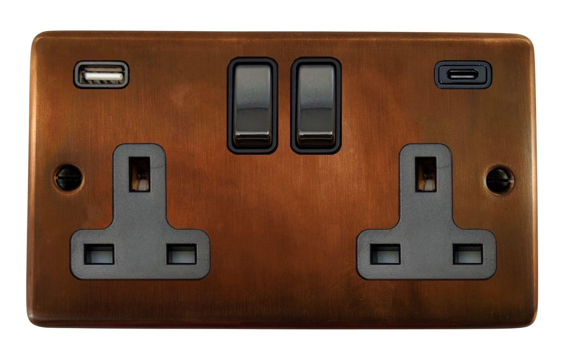 G&H Brassware G&H Ctc3911 Standard Plate Tarnished Copper 2 Gang Double 13A Plug Socket 3.1A Usb A + C