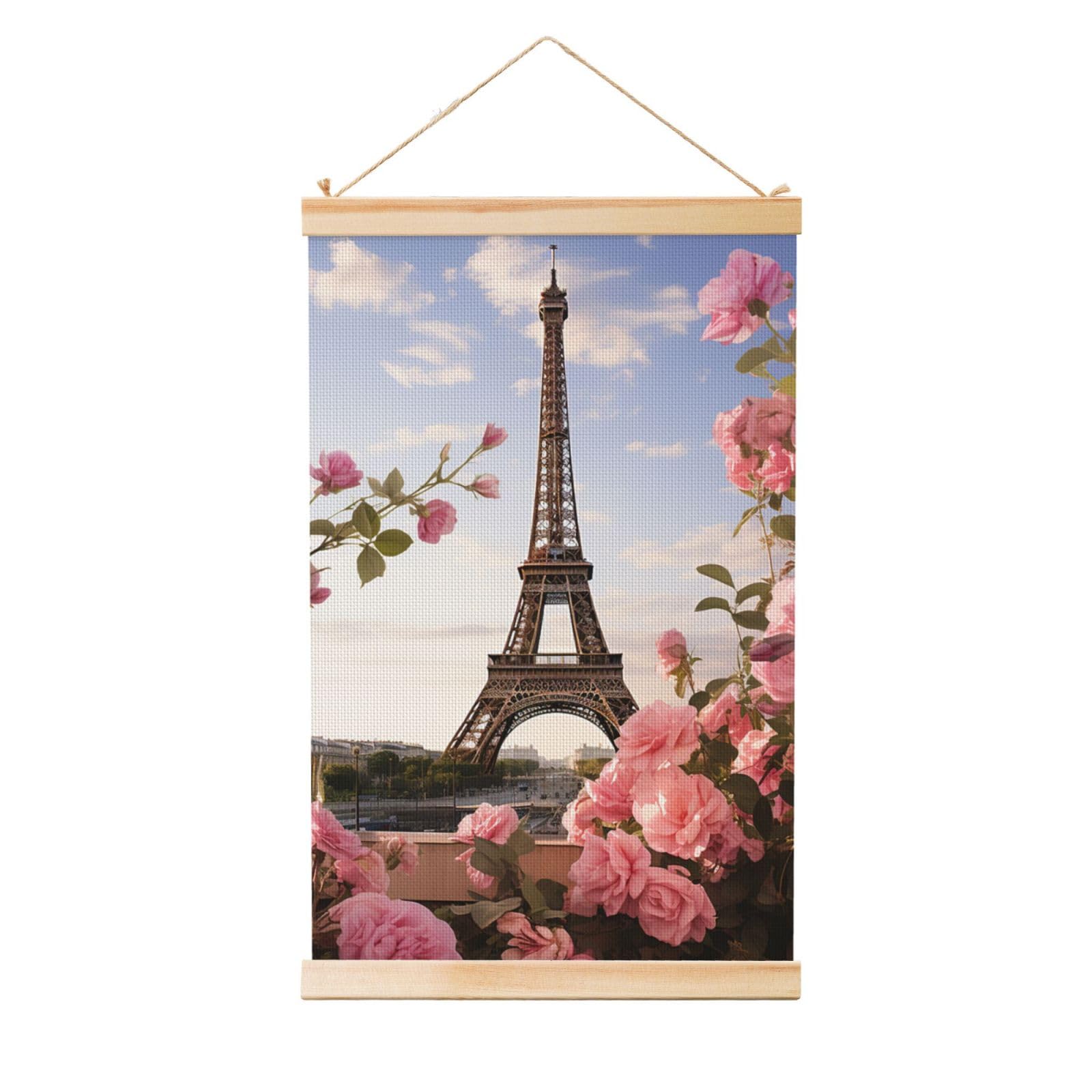 Eiffel Tower Spring Flowers Poster Wooden Shaft Hanging Poster Wall Hanging Banner Canvas Artwork with Wood Frames 12"x18" Modern Artwork Decor Ready to Hang Wall Art for Home Decor Scroll Painting
