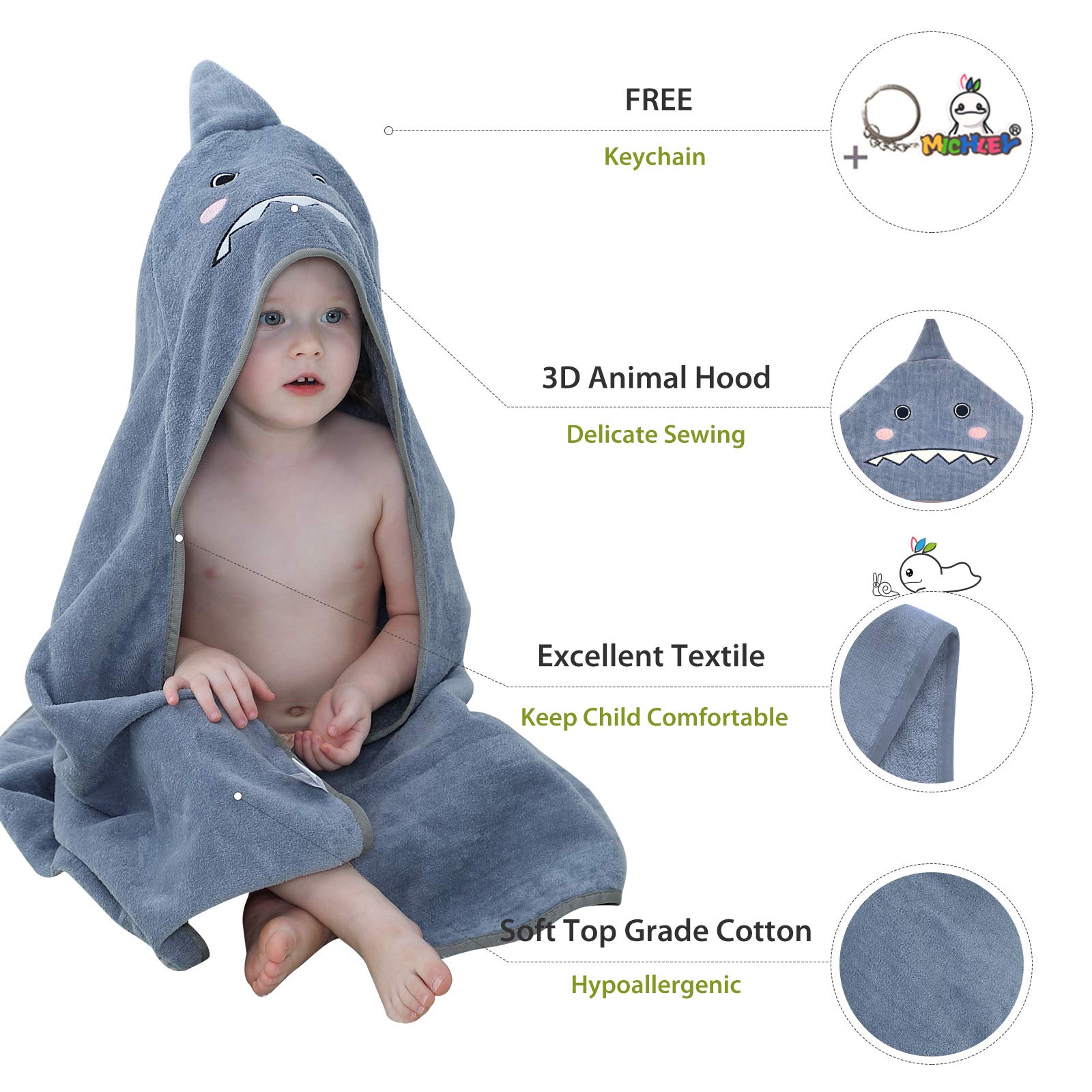 MICHLEY Toalla de baño unisex con capucha para bebé, de algodón, suave, para natación, para 0-6T, color gris
