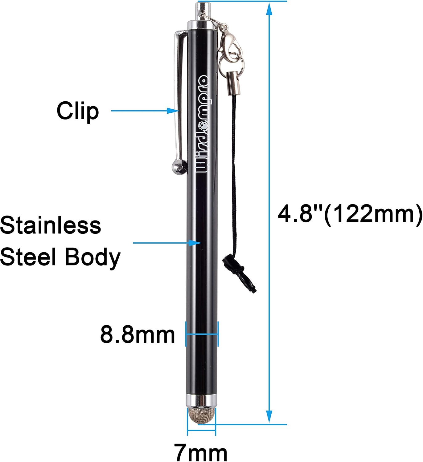 Stylus, Wisdompro 4.7-inch Universal Microfiber Micro Knit Mesh Tip Capacitive Touch Screen Tablet / Mobile Cell Phone / PDA Stylus Pen With Extra 2pcs Replaceable Tips & 1pc Elastic Coiled Lanyard Tether for Apple iPads, iPhones, iPods, Samsung Smartphones, Galaxy Note Tab, Nook, Nokia, Motorola, HTC, LG (Black)