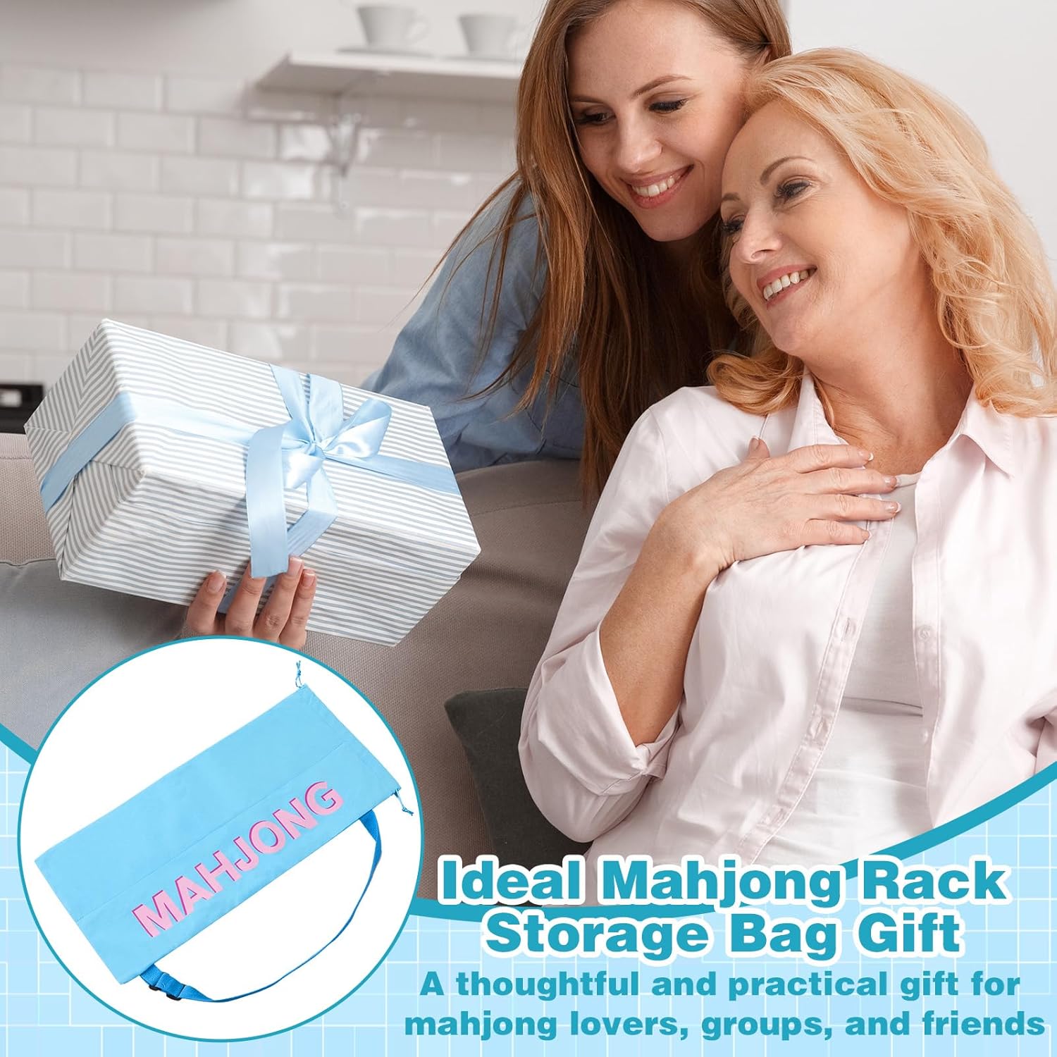 Mahjong Rack Bag with 4 Divider Pockets Canvas Drawstring Mahjong Game Rack & Pushers Storage Bag Fits All Types of Racks Protective Sleeve for Game Night Travel(Blue)