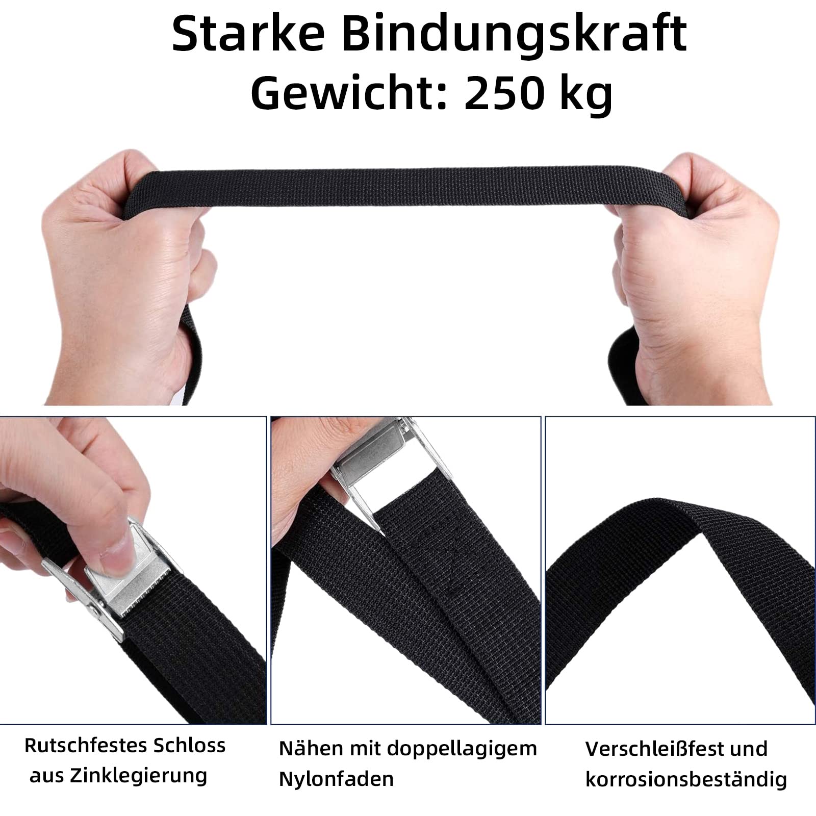 6 spanbanden, sjorbanden met klemsluiting, bevestigingsriem, belastbaar tot 250 kg, volgens DIN EN 12195-2, lengte 6 m breedte 25 mm, eendelig, zwart