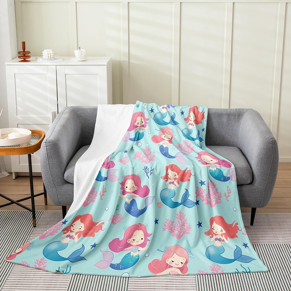 Cartoon Mermaid Fleece Blanket,Lovely Ocean Animal Princess Marine Life Bed Blanket for Kids Teens,Undesea Coral Starfish Blue Flannel Blanket for Room Decor,Queen 90"x90"