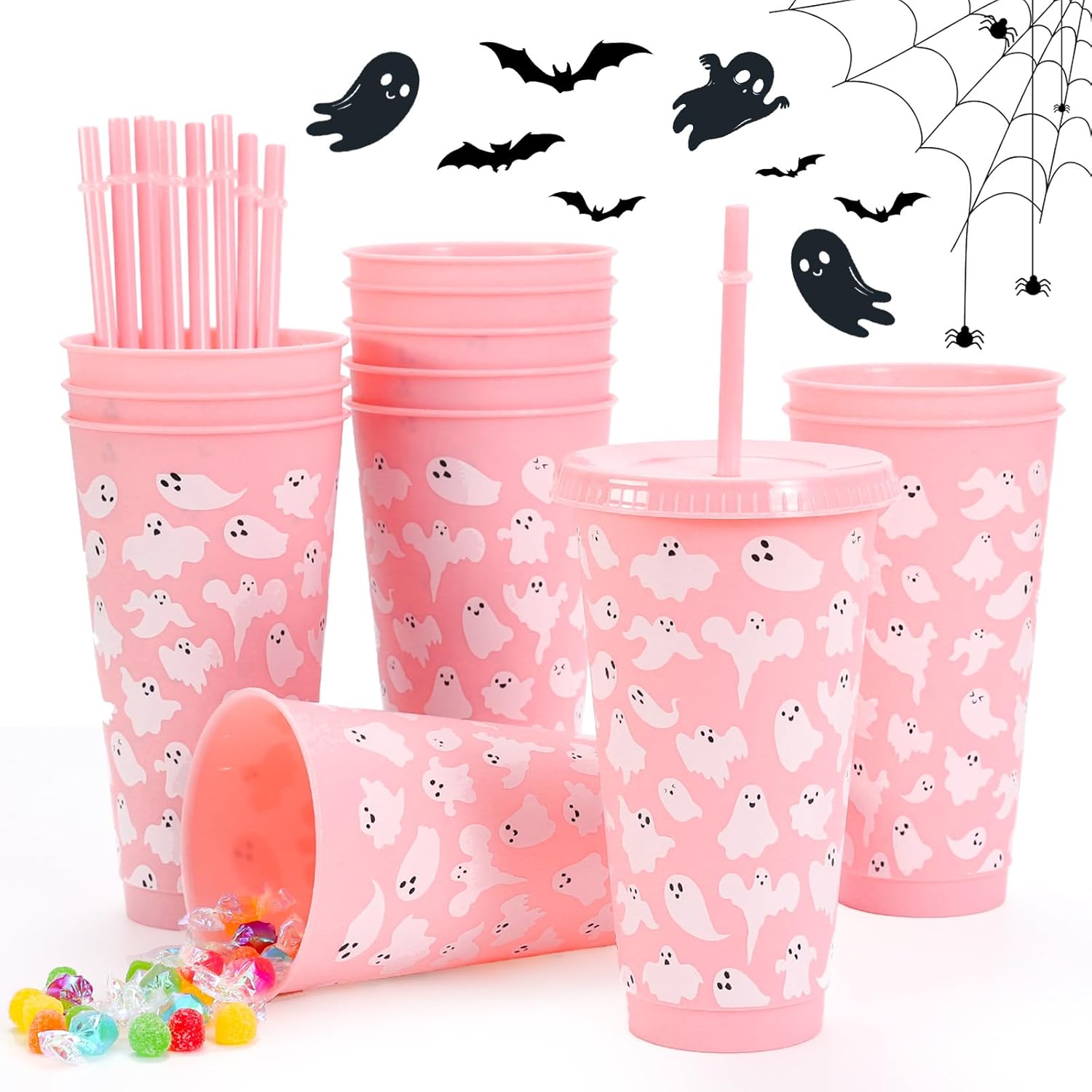 Whaline 12 Pcs Halloween Ghost Plastic Tumbler with Lids Straws Pink Cute Ghost Reusable Cups 24oz Travel Mug Cups for Iced Coffee Drinks Birthday Baby Shower Party Supplies