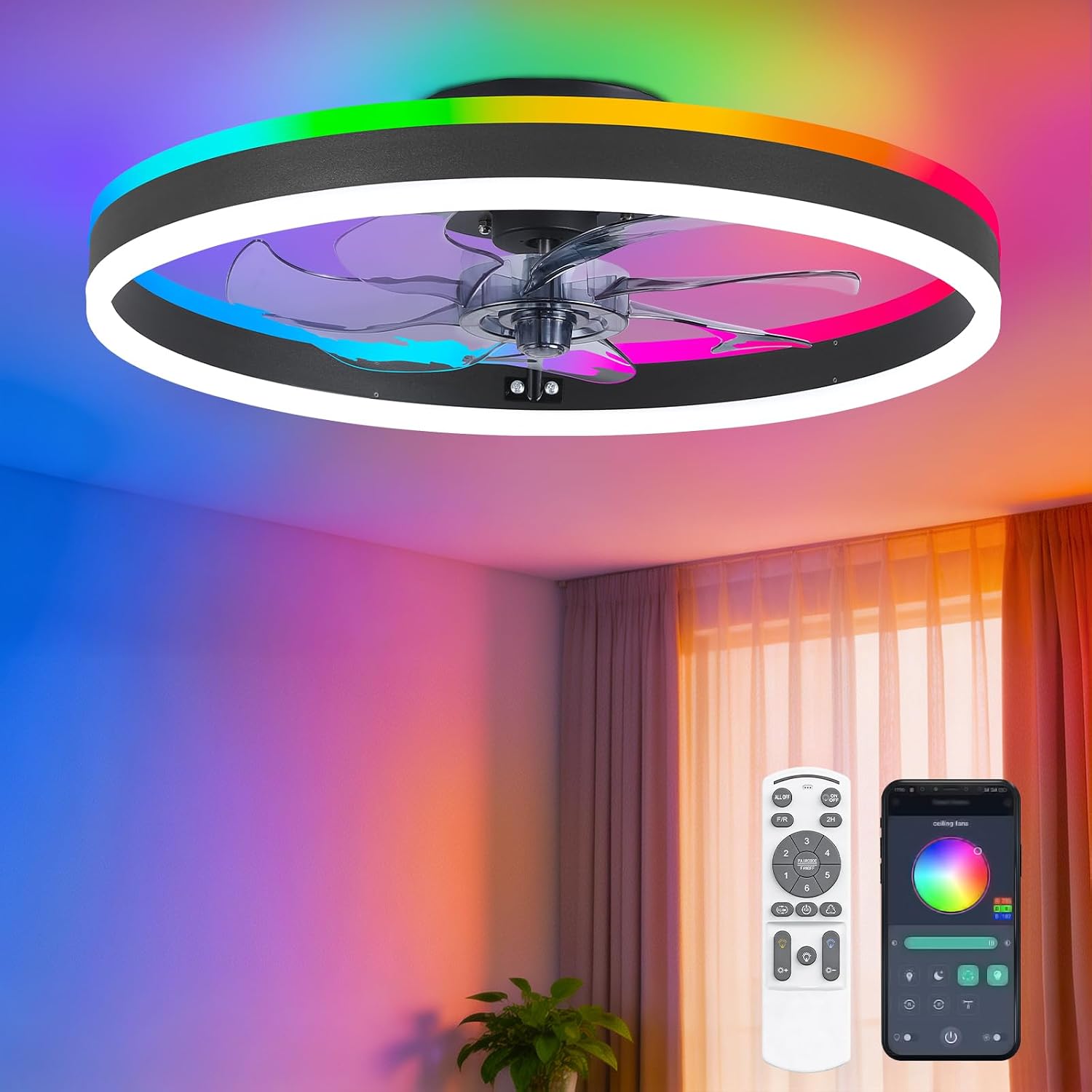RGB Ceiling Fans with Lights and Remotes, 20 Inch Modern LED Low Profile Ceiling Fan, Quiet Reversible DC Motor, 6 Speeds, Dimmable Smart Fandelier Ceiling Fan Light for Bedroom, Living Room