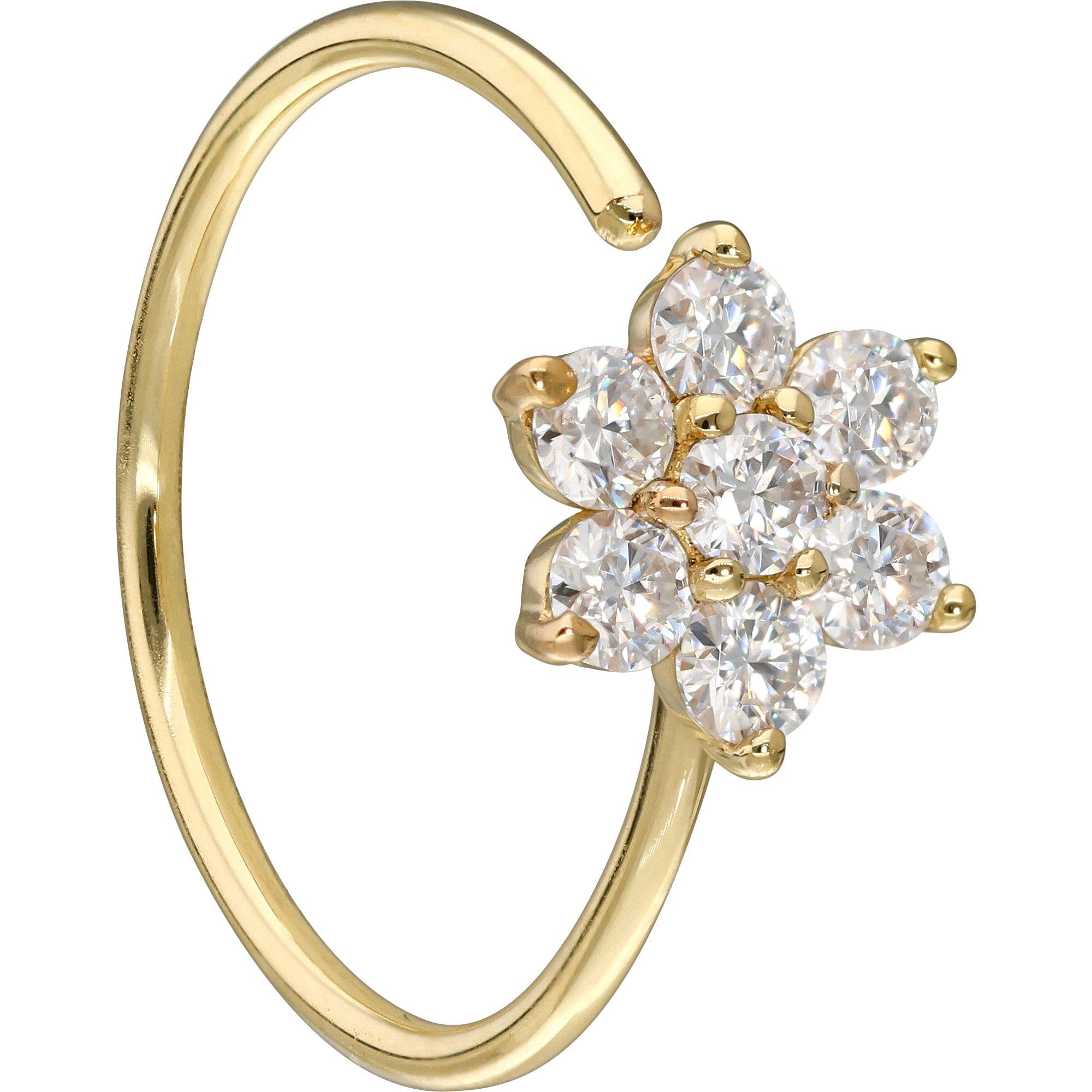 PIERCINGLINE Anillo para la nariz de oro de 14 quilates, diseño de flor de moissanita flexible, oro 585, 14 quilates